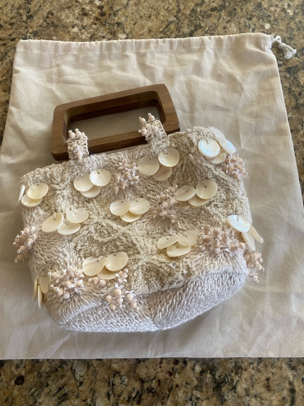 Zara Cream Beaded Knit Tote with Wooden Handles